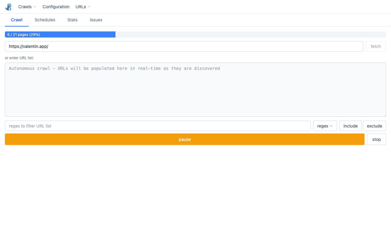 Crawl in progress with progress bar