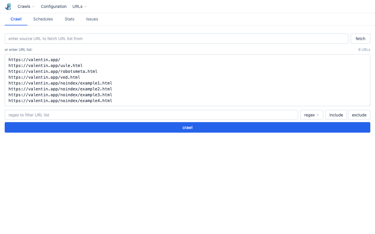 Crawl tab with URL list populated