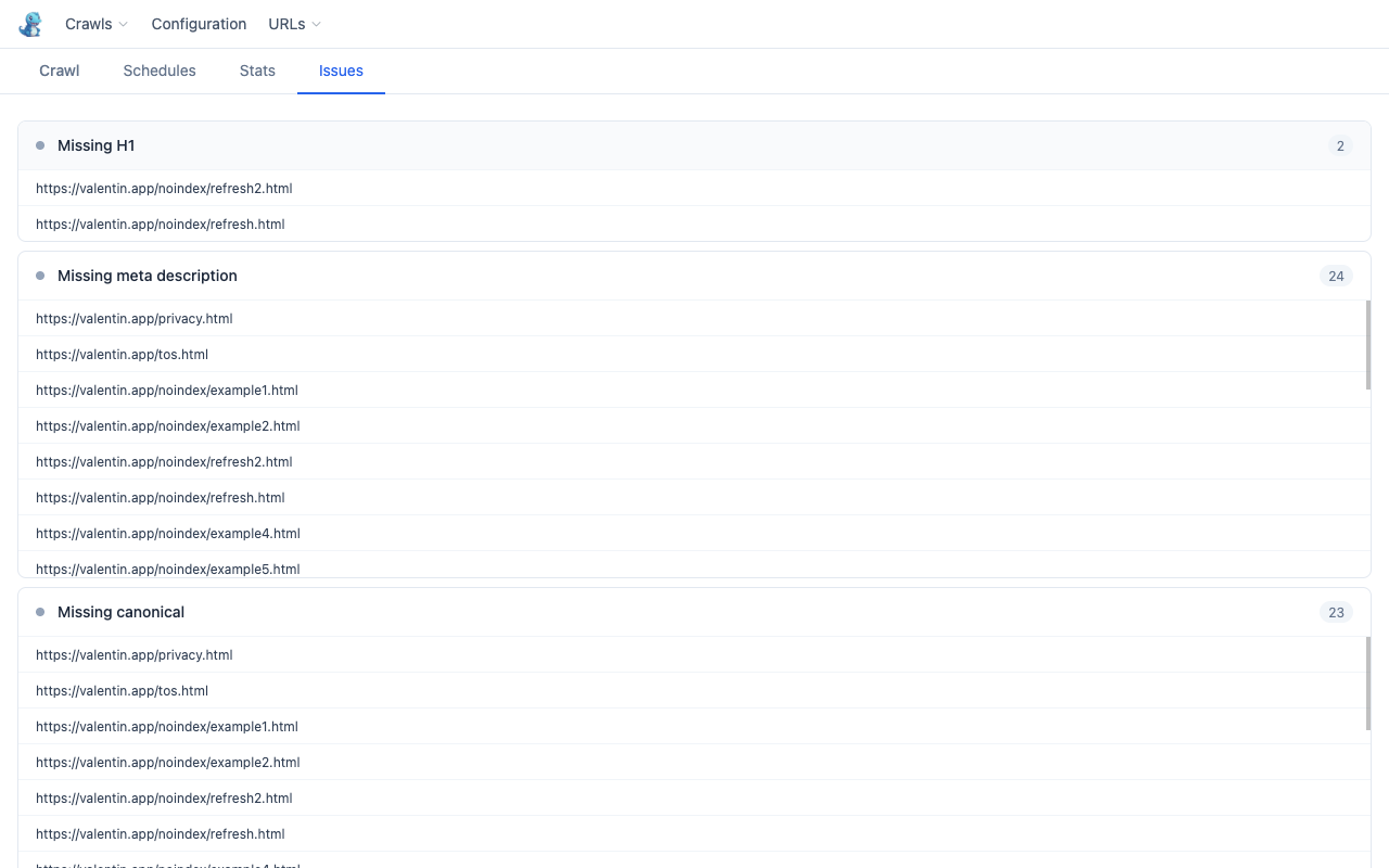 Issues tab with SEO findings