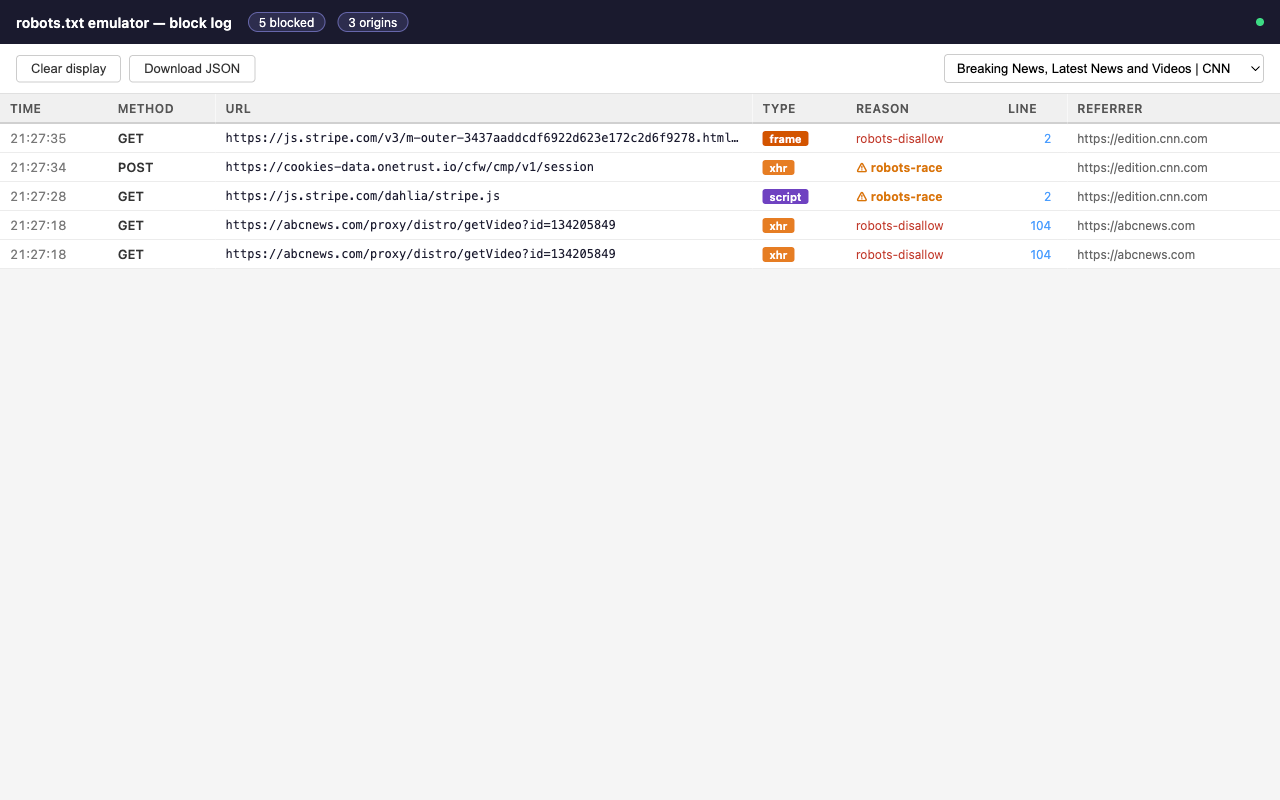 Live log — blocked requests in real time with line-level links
