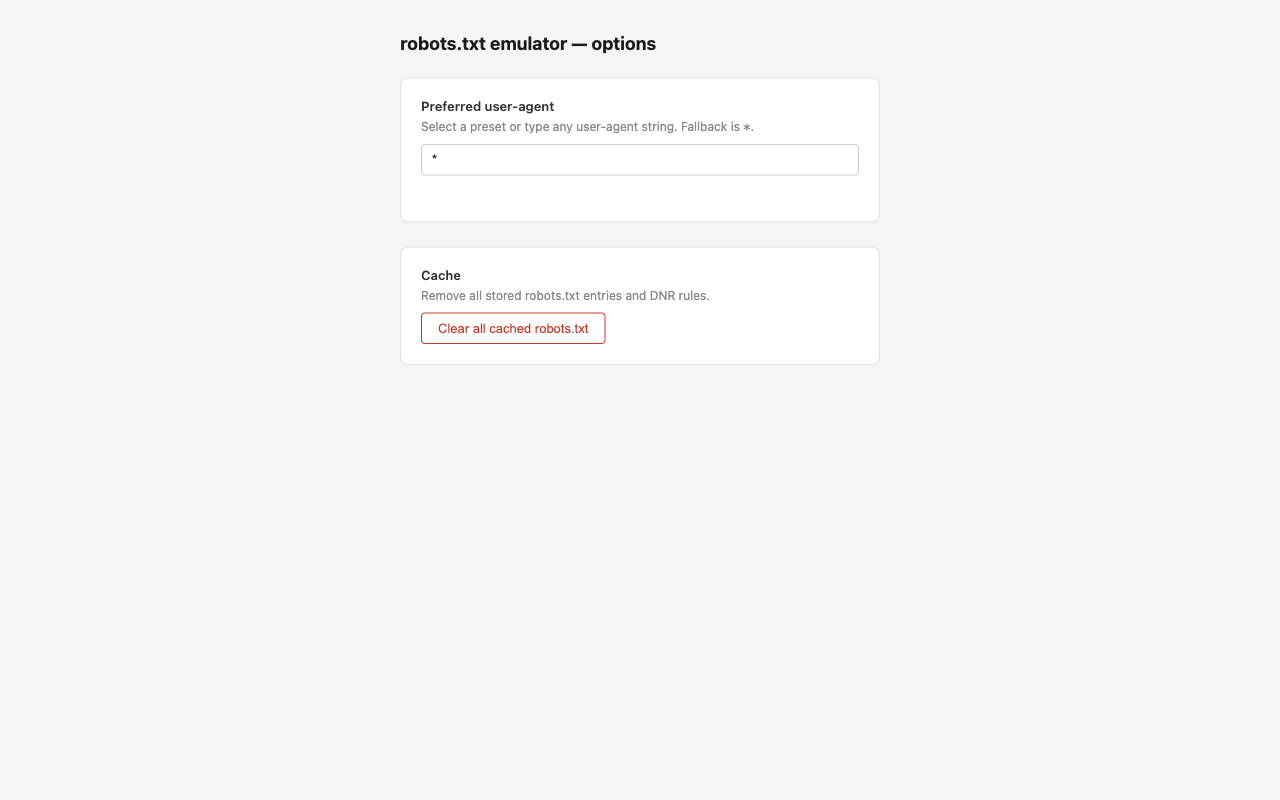 Options — select user-agent, clear cache