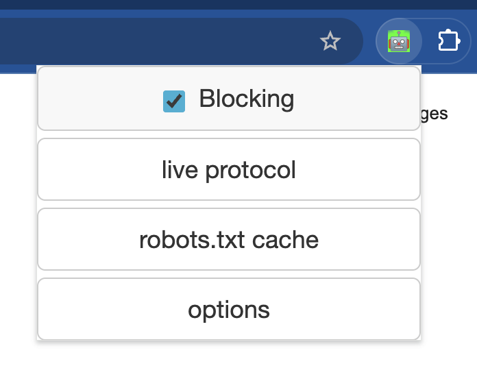 Popup — toggle blocking, open live log or cache editor