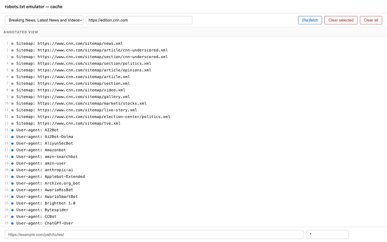robots.txt cache editor — annotated, inline-editable, with URL tester