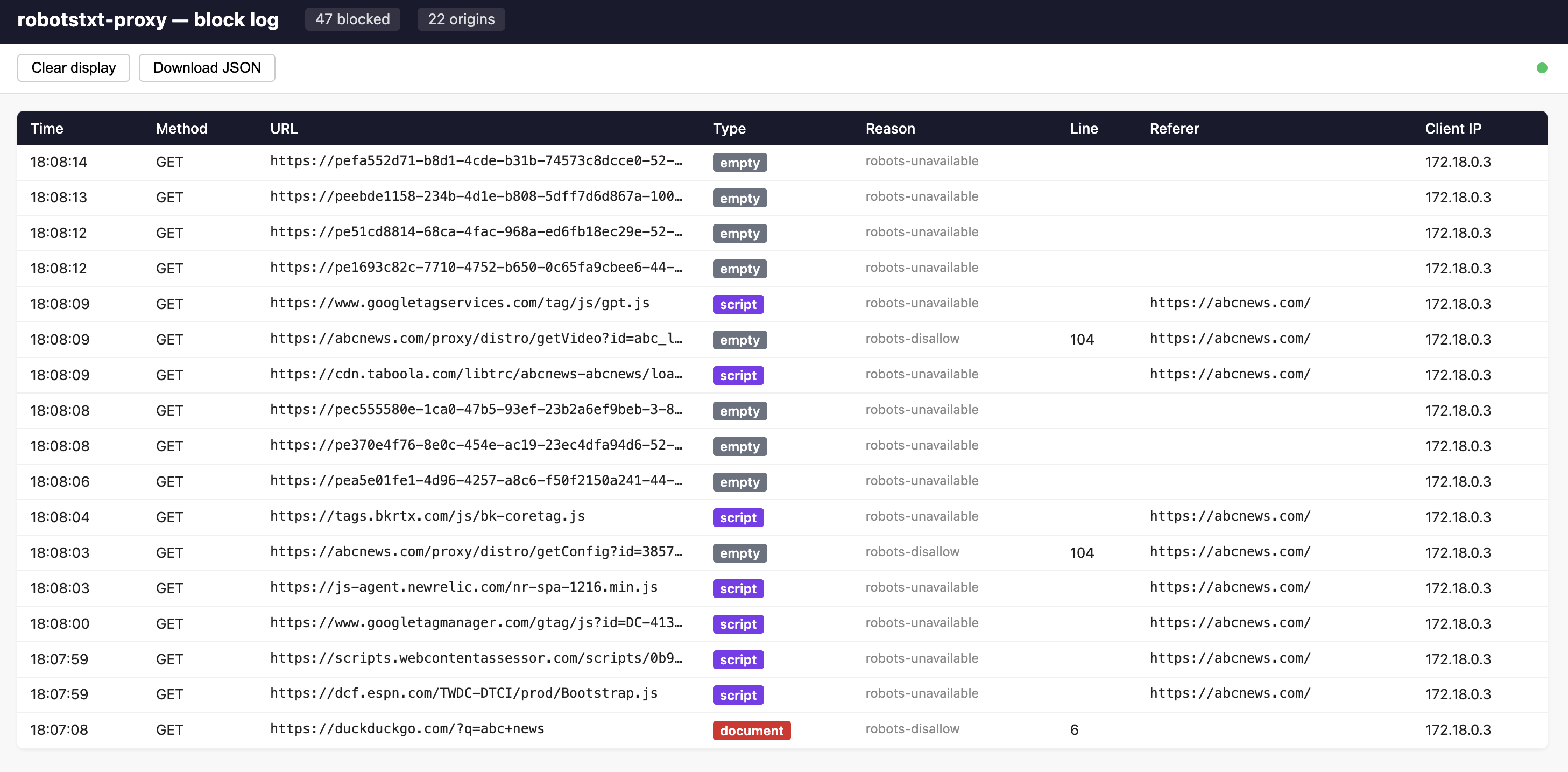 Live block log dashboard showing recent blocked requests