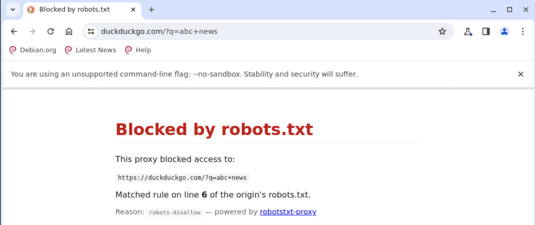 Browser showing a robots.txt-blocked page with a 403 response