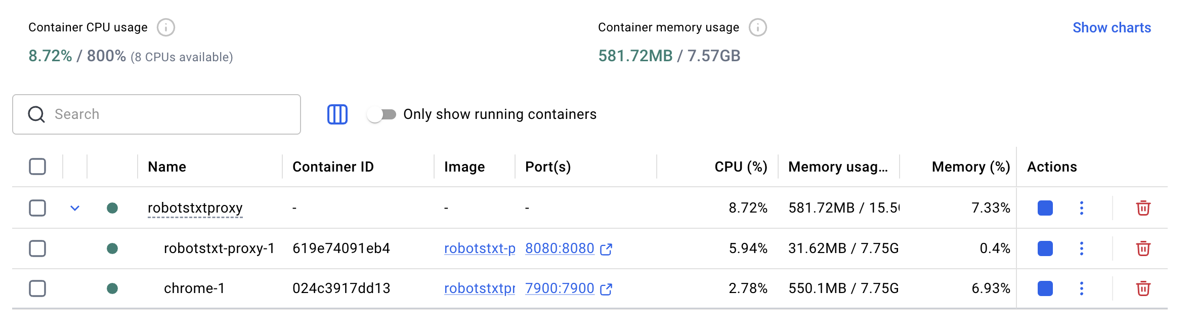 Docker Desktop showing the two containers running
